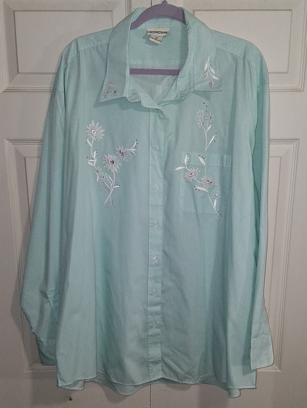 Vintage Las Olas Button-Down Shirt - Mint Green Embroidered Beading Striped - 2X